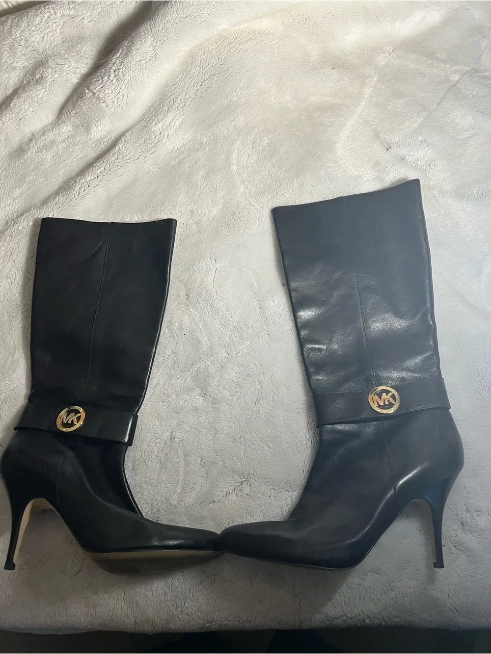 Michael Kors Black Leather Knee-High Stiletto Boots with Gold Logo